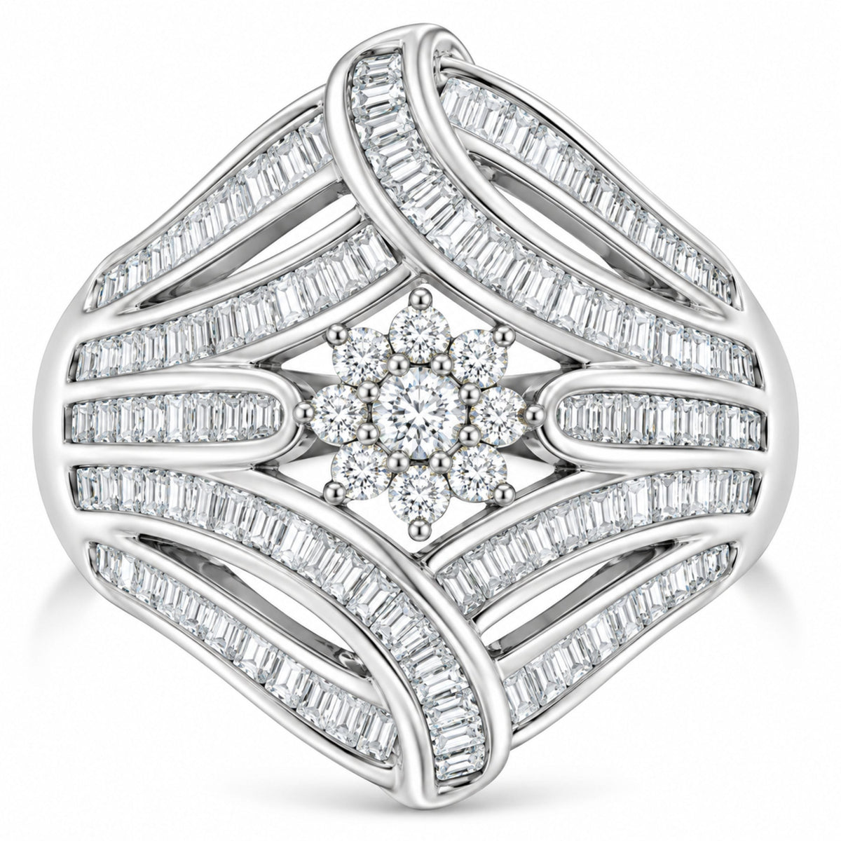 .925 Sterling Silver 1-1/8 Cttw Round & Baguette Diamond 'Flower & Fern' Cluster Cocktail Fashion Ring (I-J Color, I2-I3 Clarity) - Size 6 Bids.com