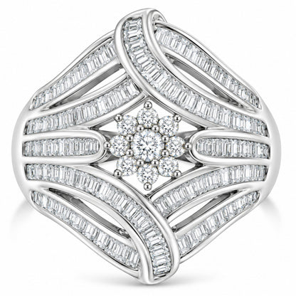 .925 Sterling Silver 1-1/8 Cttw Round & Baguette Diamond 'Flower & Fern' Cluster Cocktail Fashion Ring (I-J Color, I2-I3 Clarity) - Size 6 Bids.com