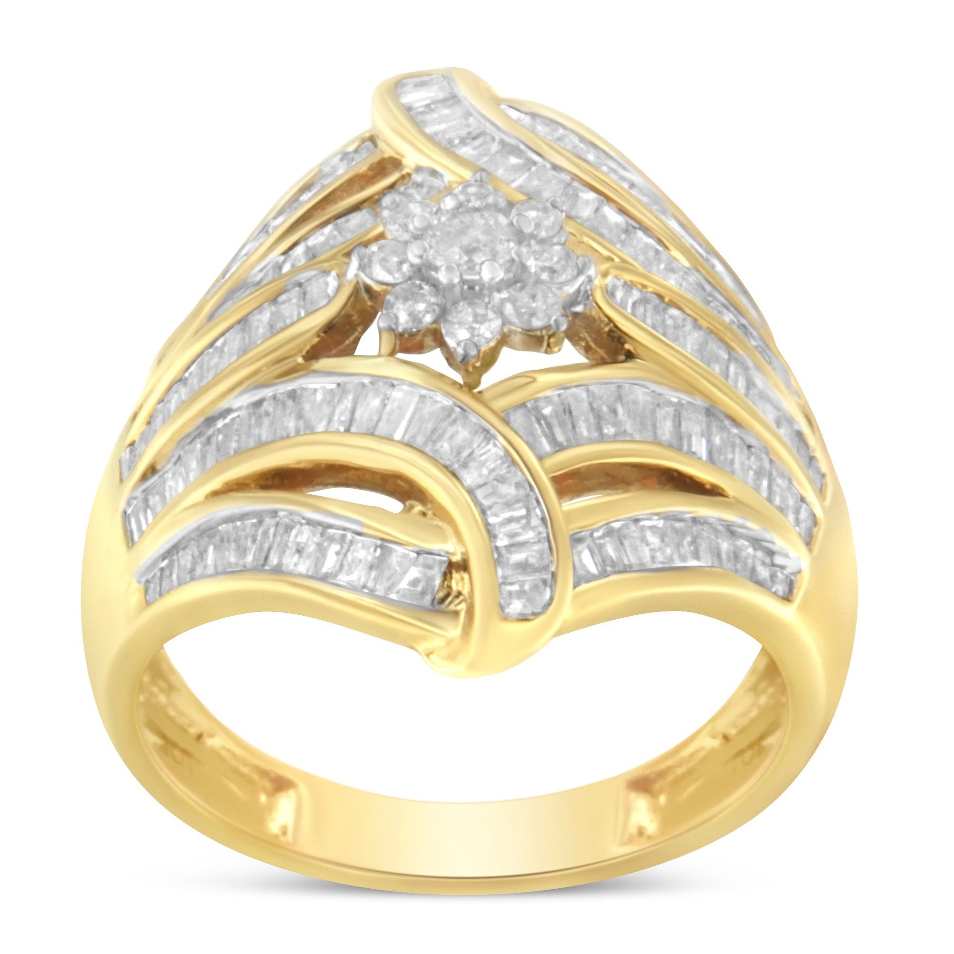 10K Yellow Gold Flashed .925 Sterling Silver 1-1/8 Cttw Round & Baguette Diamond 'Flower & Fern' Cluster Cocktail Fashion Ring (I-J Color, I2-I3 Clarity) - Size 6 Bids.com