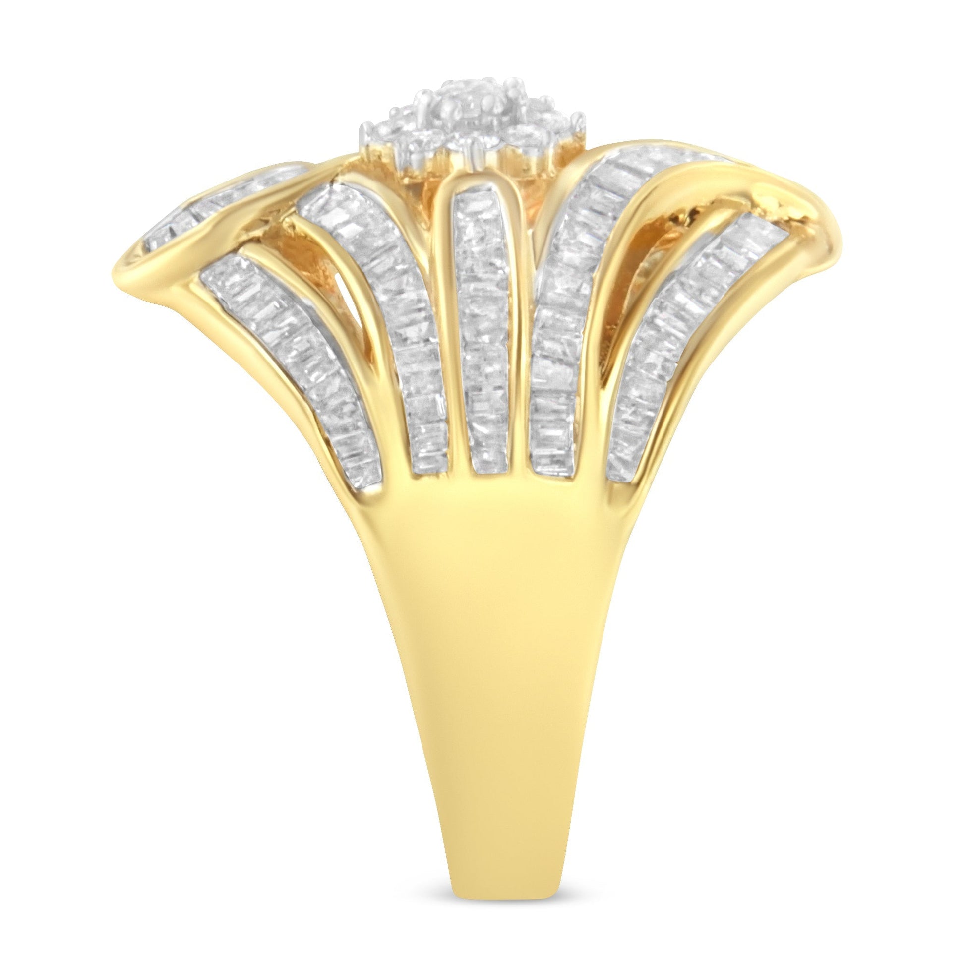10K Yellow Gold Flashed .925 Sterling Silver 1-1/8 Cttw Round & Baguette Diamond 'Flower & Fern' Cluster Cocktail Fashion Ring (I-J Color, I2-I3 Clarity) - Size 6 Bids.com