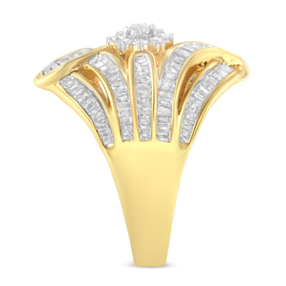 10K Yellow Gold Flashed .925 Sterling Silver 1-1/8 Cttw Round & Baguette Diamond 'Flower & Fern' Cluster Cocktail Fashion Ring (I-J Color, I2-I3 Clarity) - Size 6 Bids.com