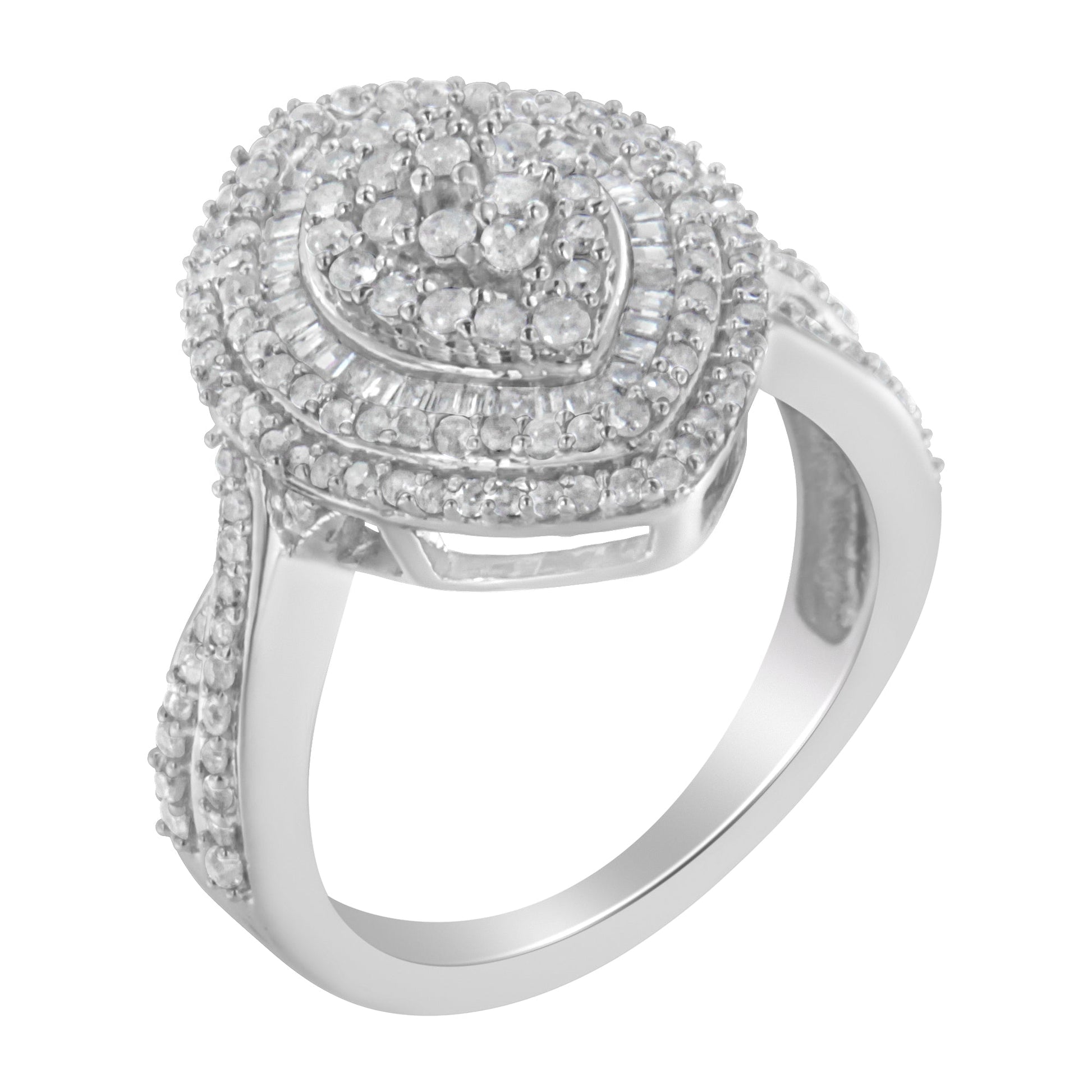 .925 Sterling Silver 1.0 Cttw Round & Baguette-Cut Diamond Marquise-Shaped Cluster Triple Stepped Halo Cocktail Fashion Ring (I-J Color, I2-I3 Clarity) - Size 7 Bids.com