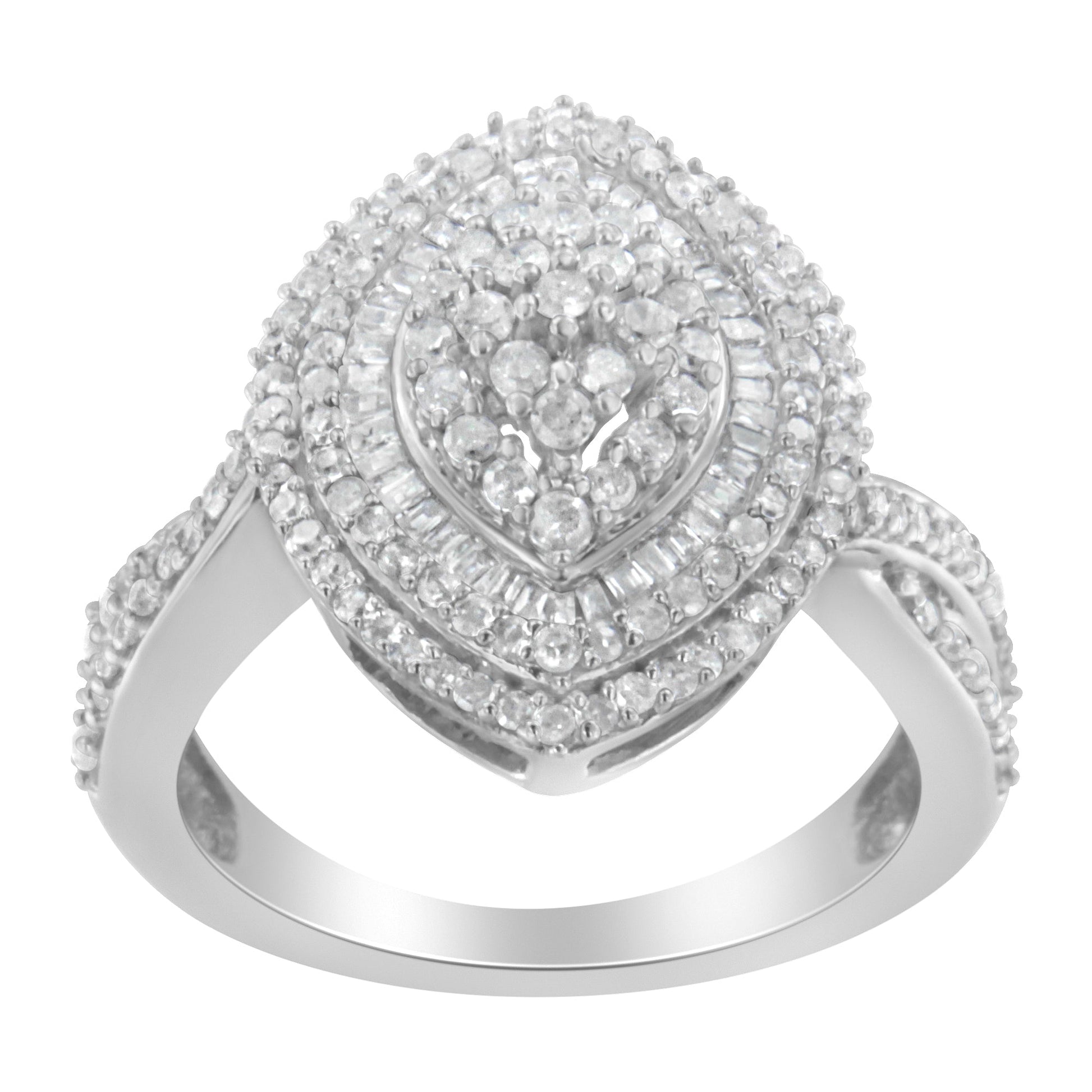 .925 Sterling Silver 1.0 Cttw Round & Baguette-Cut Diamond Marquise-Shaped Cluster Triple Stepped Halo Cocktail Fashion Ring (I-J Color, I2-I3 Clarity) - Size 7 Bids.com