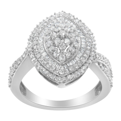 .925 Sterling Silver 1.0 Cttw Round & Baguette-Cut Diamond Marquise-Shaped Cluster Triple Stepped Halo Cocktail Fashion Ring (I-J Color, I2-I3 Clarity) - Size 7 Bids.com