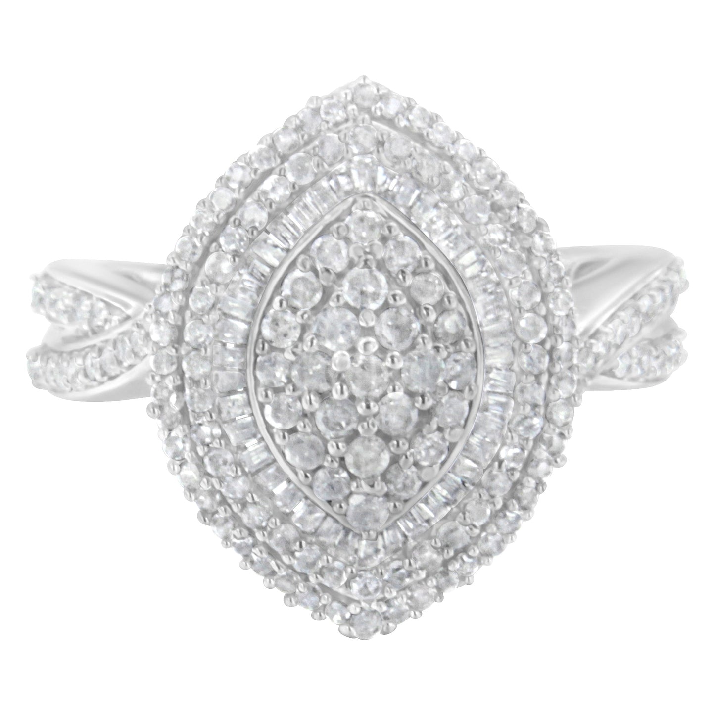 .925 Sterling Silver 1.0 Cttw Round & Baguette-Cut Diamond Marquise-Shaped Cluster Triple Stepped Halo Cocktail Fashion Ring (I-J Color, I2-I3 Clarity) - Size 7 Bids.com