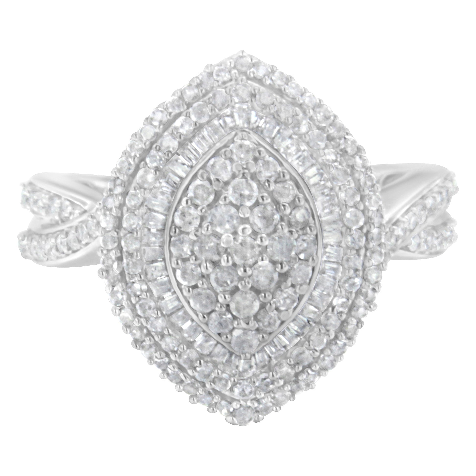 .925 Sterling Silver 1.0 Cttw Round & Baguette-Cut Diamond Marquise-Shaped Cluster Triple Stepped Halo Cocktail Fashion Ring (I-J Color, I2-I3 Clarity) - Size 7 Bids.com