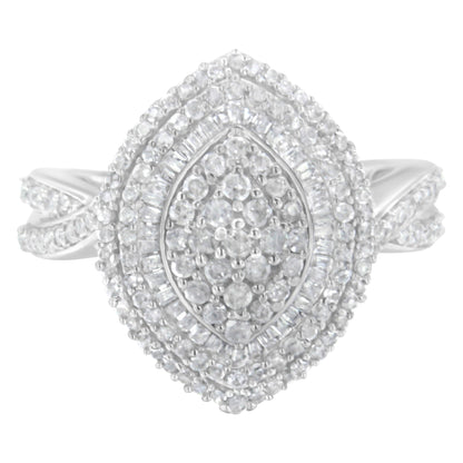 .925 Sterling Silver 1.0 Cttw Round & Baguette-Cut Diamond Marquise-Shaped Cluster Triple Stepped Halo Cocktail Fashion Ring (I-J Color, I2-I3 Clarity) - Size 7 Bids.com