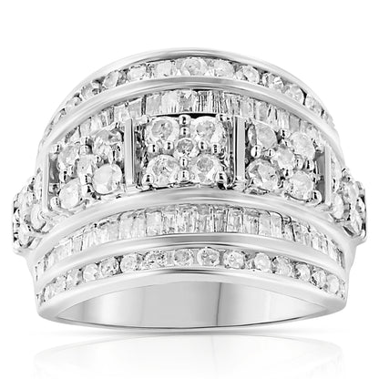 .925 Sterling Silver 2.0 Cttw Round & Baguette Cut Diamond Multi-Row Channel Set Tapered Cocktail Fashion Ring (I-J Color, I3 Clarity) - Size 7 Bids.com