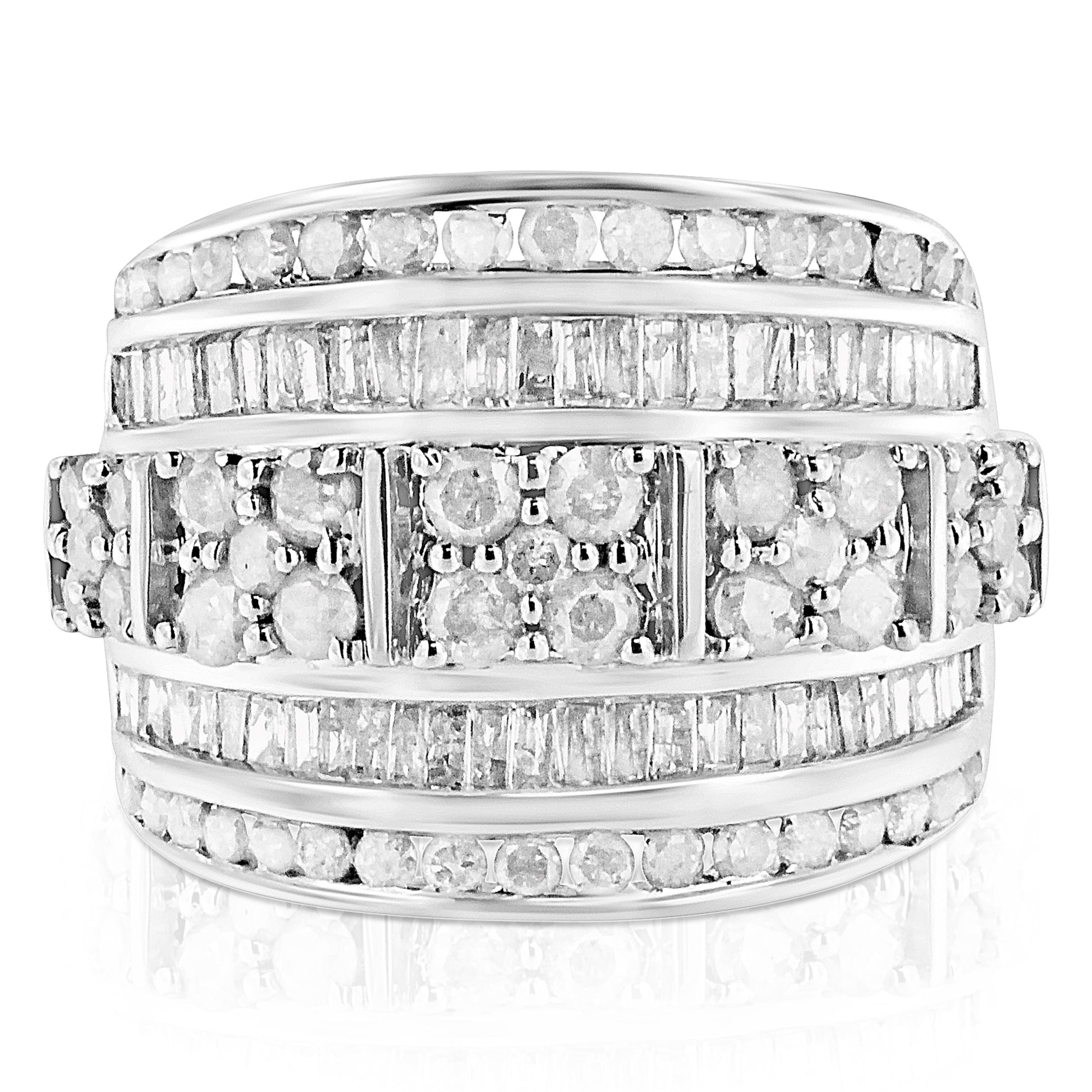 .925 Sterling Silver 2.0 Cttw Round & Baguette Cut Diamond Multi-Row Channel Set Tapered Cocktail Fashion Ring (I-J Color, I3 Clarity) - Size 7 Bids.com