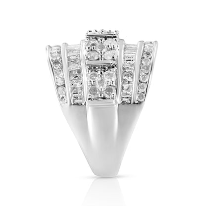.925 Sterling Silver 2.0 Cttw Round & Baguette Cut Diamond Multi-Row Channel Set Tapered Cocktail Fashion Ring (I-J Color, I3 Clarity) - Size 7 Bids.com