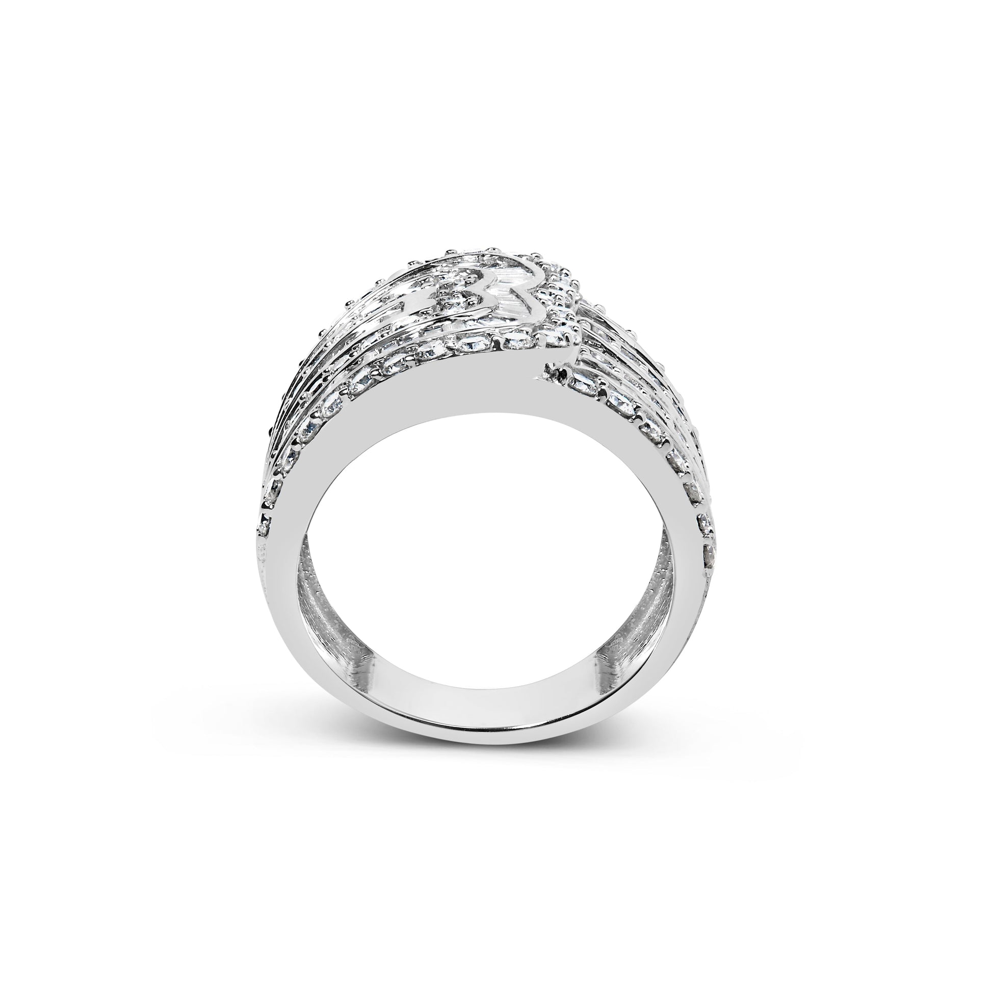 10K White Gold 2 1/2 Cttw Round and Baguette-Cut Diamond Multi-Row Bypass Ring (J-K Color, I2-I3 Clarity) - Ring Size 7 Bids.com