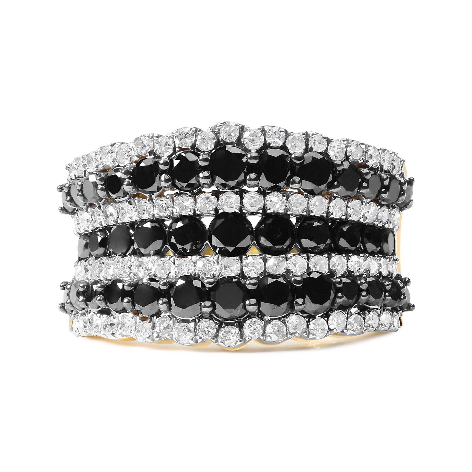 14K Yellow Gold Plated .925 Sterling Silver 1 3/4 Cttw Treated Black and White Alternating Diamond Multi Row Band Ring (Black / I-J Color, I2-I3 Clarity) - Size 7 Bids.com