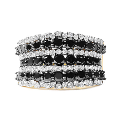 14K Yellow Gold Plated .925 Sterling Silver 1 3/4 Cttw Treated Black and White Alternating Diamond Multi Row Band Ring (Black / I-J Color, I2-I3 Clarity) - Size 7 Bids.com