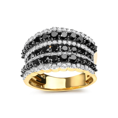 14K Yellow Gold Plated .925 Sterling Silver 1 3/4 Cttw Treated Black and White Alternating Diamond Multi Row Band Ring (Black / I-J Color, I2-I3 Clarity) - Size 7 Bids.com