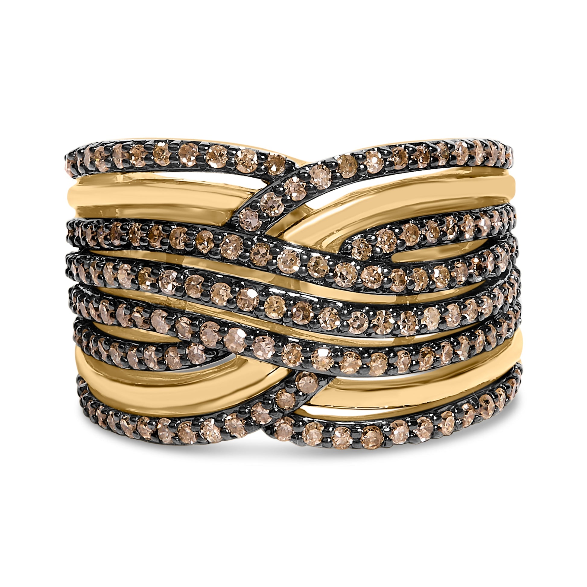 10K Yellow Gold Plated .925 Sterling Silver 1.0 Cttw Champagne Diamond Multi Row Cross Over Band Ring - Size 7 Bids.com