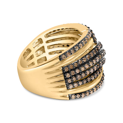 10K Yellow Gold Plated .925 Sterling Silver 1.0 Cttw Champagne Diamond Multi Row Cross Over Band Ring - Size 7 Bids.com