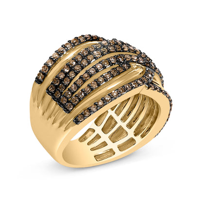 10K Yellow Gold Plated .925 Sterling Silver 1.0 Cttw Champagne Diamond Multi Row Cross Over Band Ring - Size 7 Bids.com