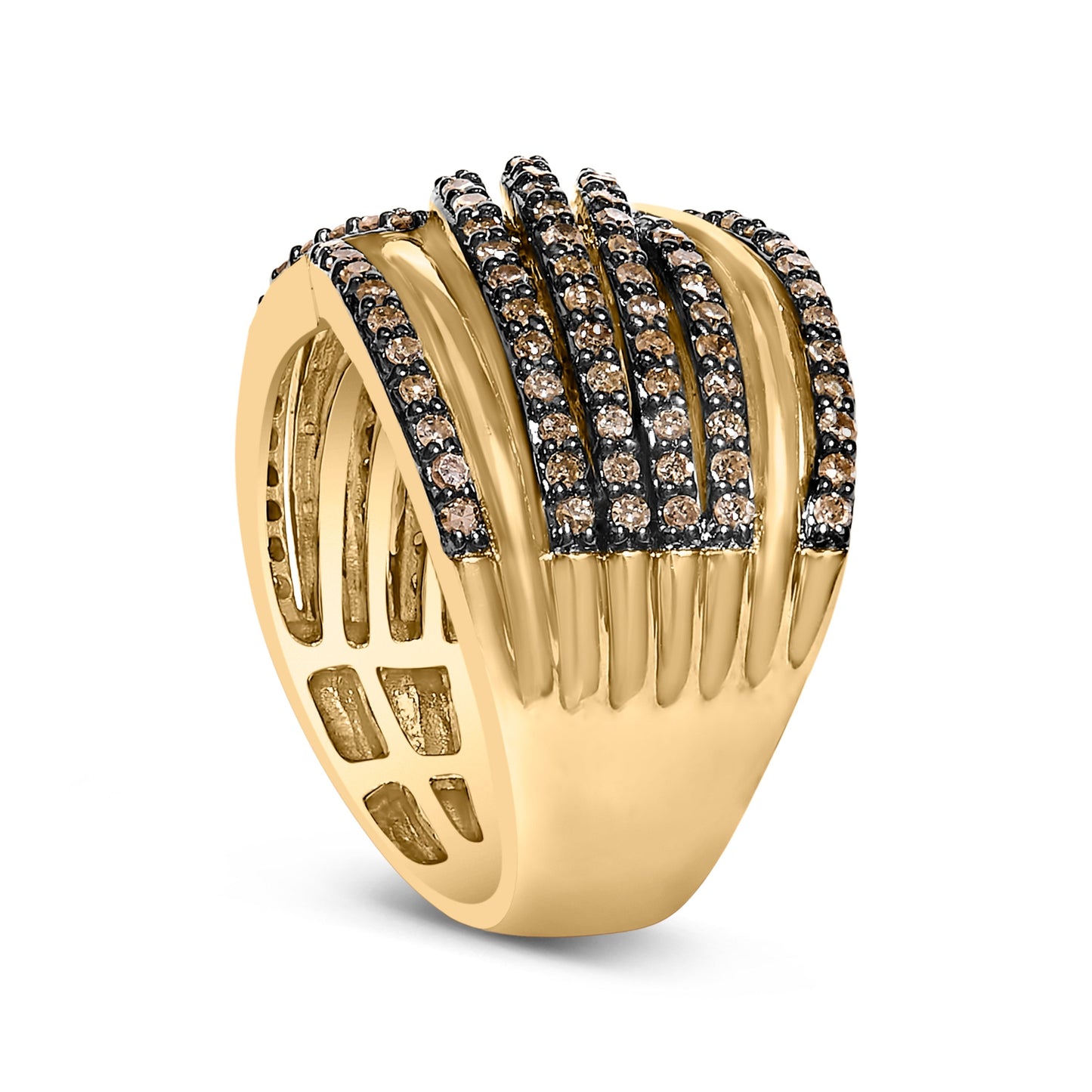 10K Yellow Gold Plated .925 Sterling Silver 1.0 Cttw Champagne Diamond Multi Row Cross Over Band Ring - Size 7 Bids.com
