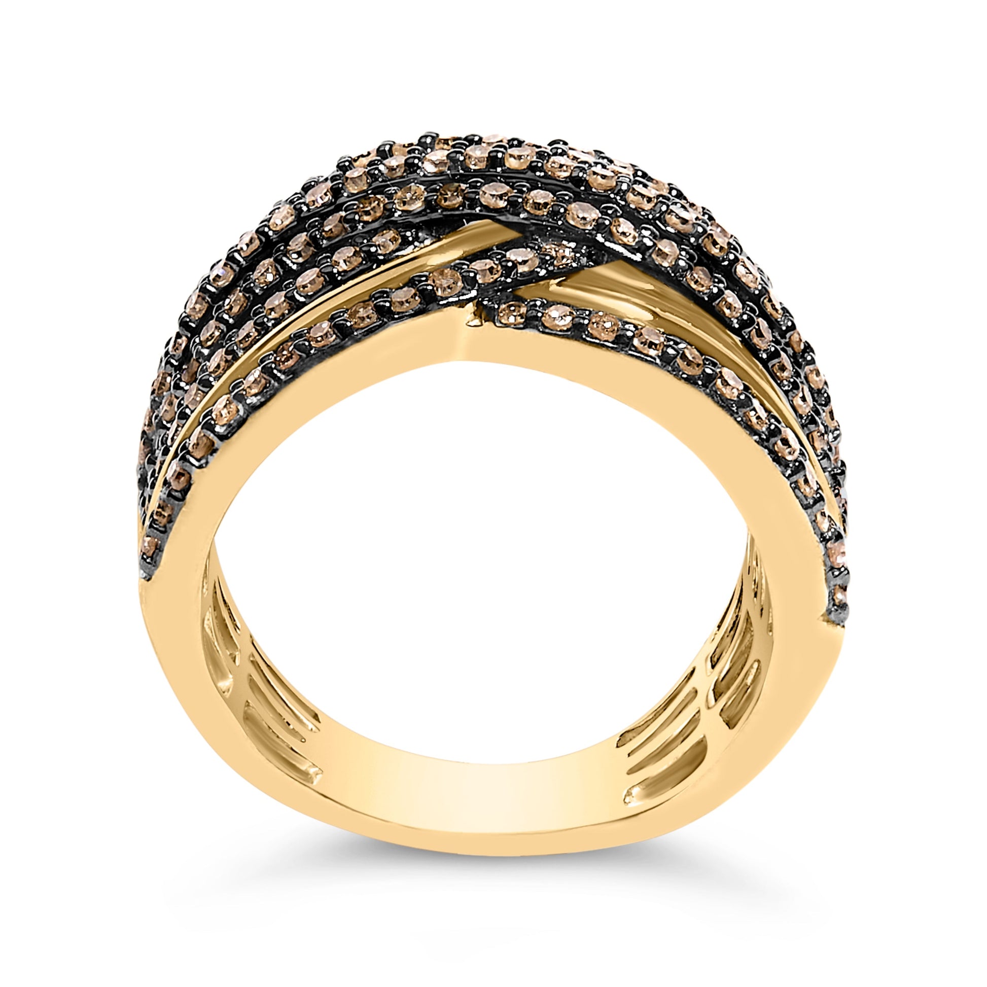 10K Yellow Gold Plated .925 Sterling Silver 1.0 Cttw Champagne Diamond Multi Row Cross Over Band Ring - Size 7 Bids.com