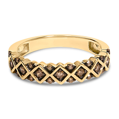 10K Yellow Gold Plated .925 Sterling Silver 1/4 Cttw Champagne Diamond Geometric Band Ring - Size 7 Bids.com