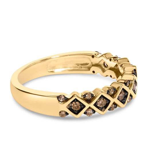 10K Yellow Gold Plated .925 Sterling Silver 1/4 Cttw Champagne Diamond Geometric Band Ring - Size 7 Bids.com