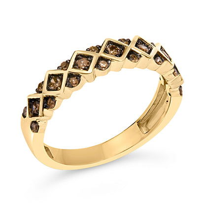 10K Yellow Gold Plated .925 Sterling Silver 1/4 Cttw Champagne Diamond Geometric Band Ring - Size 7 Bids.com