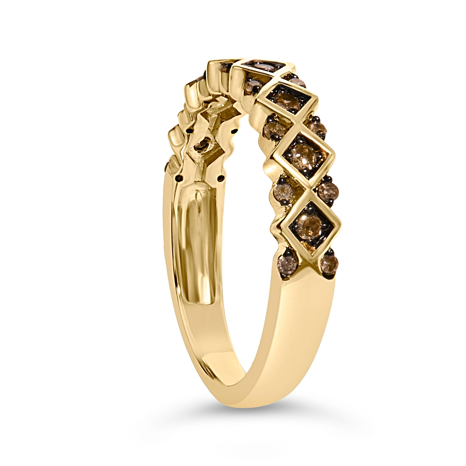 10K Yellow Gold Plated .925 Sterling Silver 1/4 Cttw Champagne Diamond Geometric Band Ring - Size 7 Bids.com