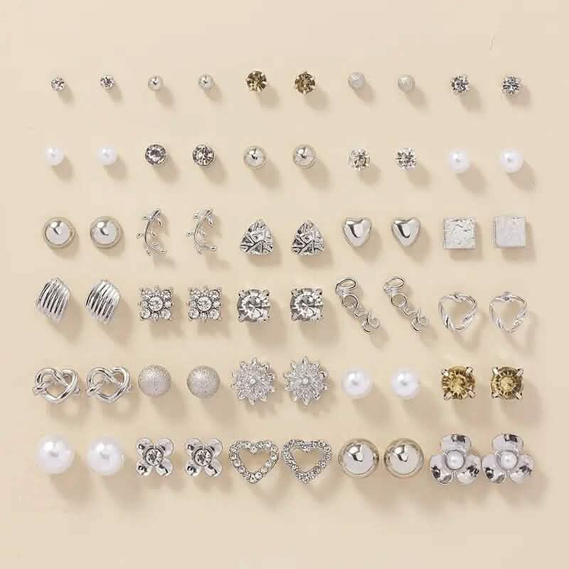 30-Pairs: Alloy Full Rhinestones Love Round Faux Pearl Letter Stud Earrings Set DailySale