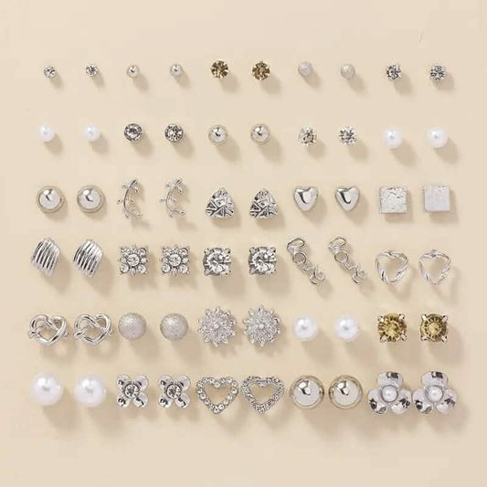 30-Pairs: Alloy Full Rhinestones Love Round Faux Pearl Letter Stud Earrings Set DailySale