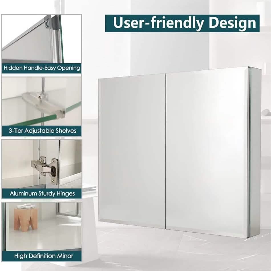30" W X 26" H Aluminum Bathroom Mirror Medicine Cabinet with Dual Mirrors DailySale