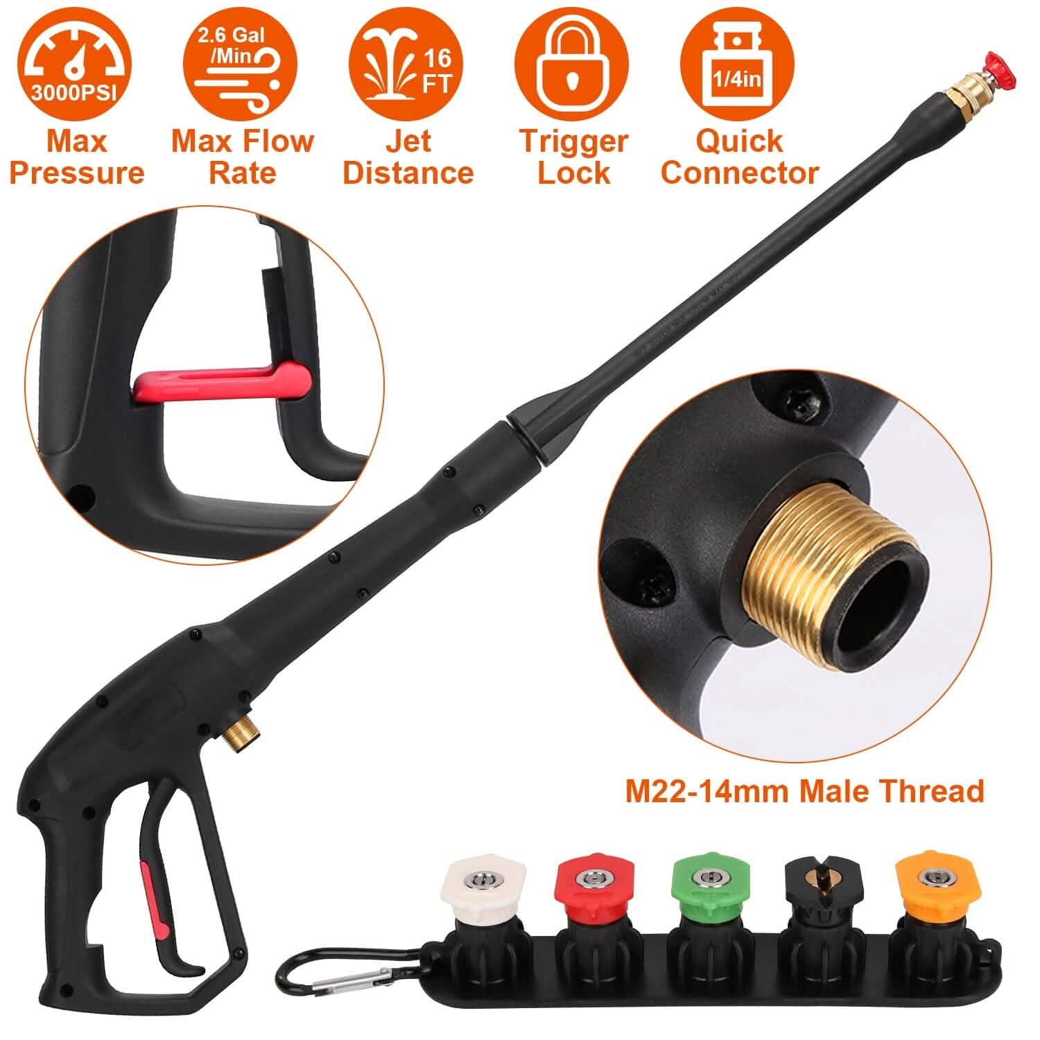 3000PSI Pressure Washer Gun Car Foam Sprayer with Jet Wand 5 Nozzle Tips M22-14 Connector DailySale