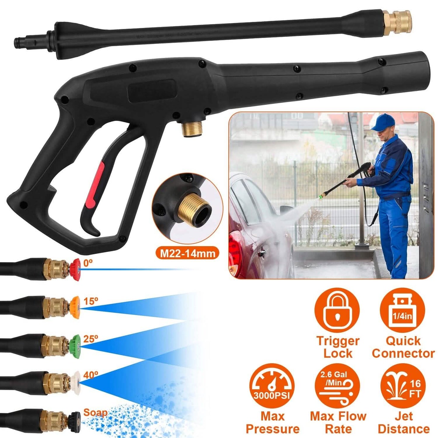 3000PSI Pressure Washer Gun Car Foam Sprayer with Jet Wand 5 Nozzle Tips M22-14 Connector DailySale