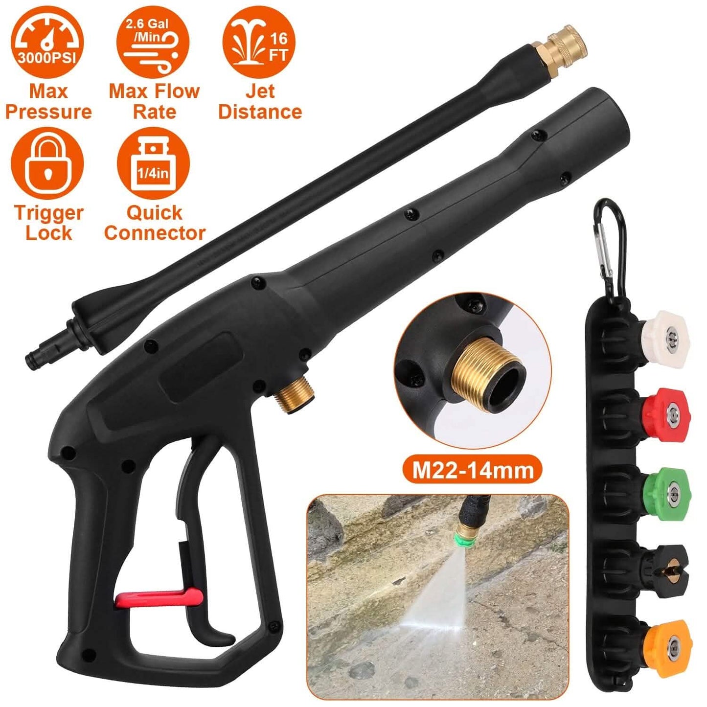 3000PSI Pressure Washer Gun Car Foam Sprayer with Jet Wand 5 Nozzle Tips M22-14 Connector DailySale