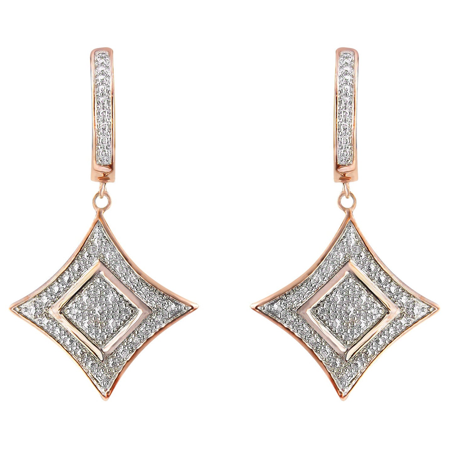 10K Rose Gold Plated Sterling Silver Round Cut Diamond Cushion Dangle Earrings (0.04 cttw, H-I Color, I2-I3 Clarity) Bids.com