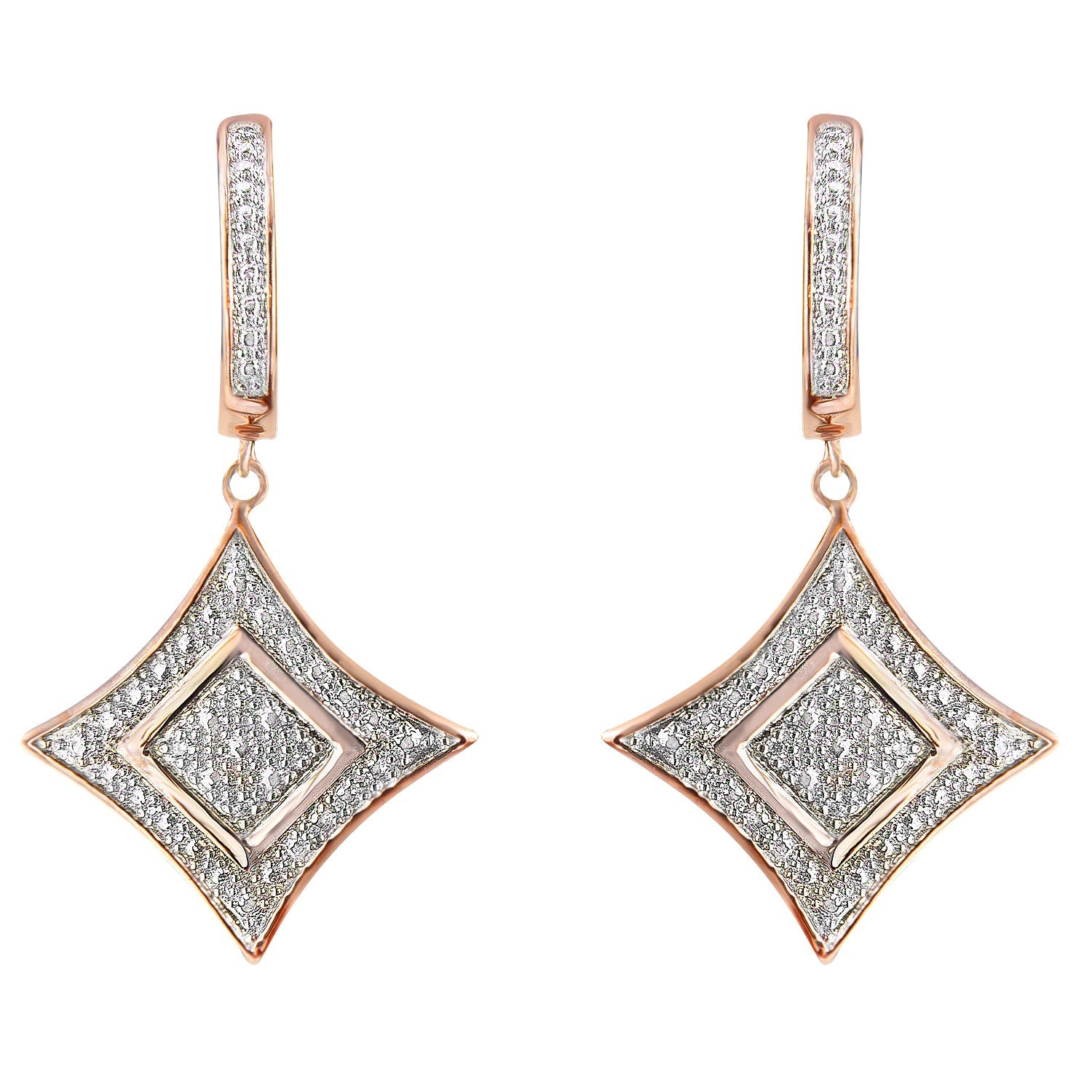 10K Rose Gold Plated Sterling Silver Round Cut Diamond Cushion Dangle Earrings (0.04 cttw, H-I Color, I2-I3 Clarity) Bids.com