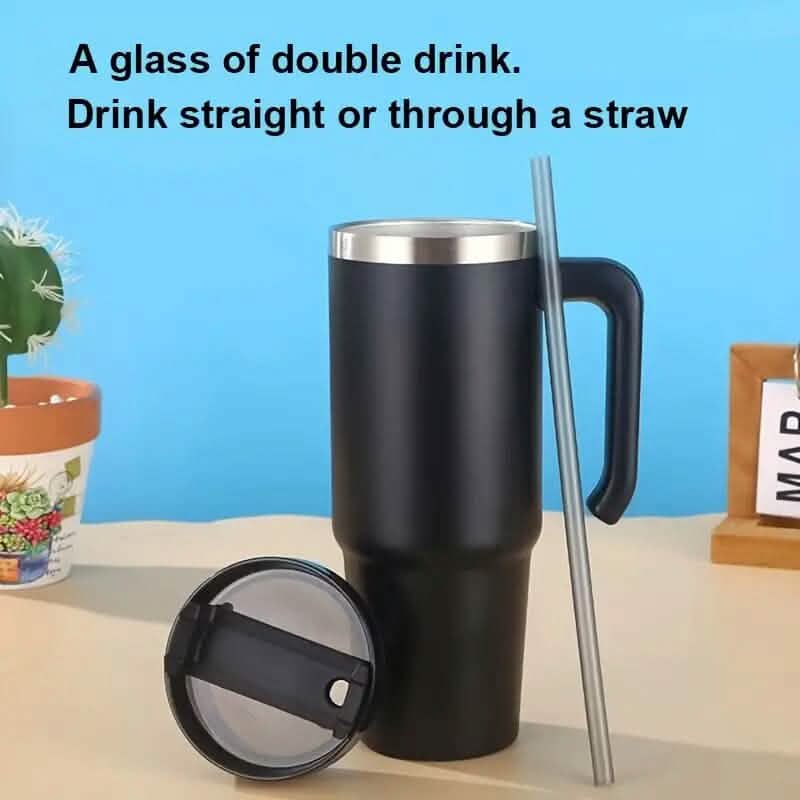 30.5 Oz 304 Stainless Steel Double Vacuum Portable Travel Cup with Handle and Straw DailySale