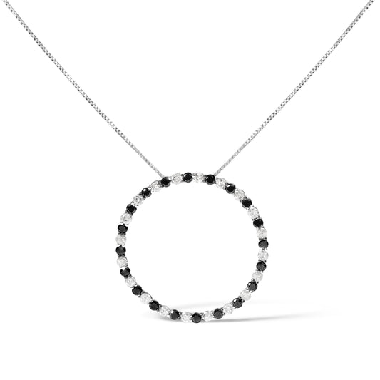 .925 Sterling Silver 2.0 Cttw Alternating Black and White Diamond Open Hoop Circle Pendant Necklace (H-I Color, I2-I3 Clarity) - 18" Inches Bids.com