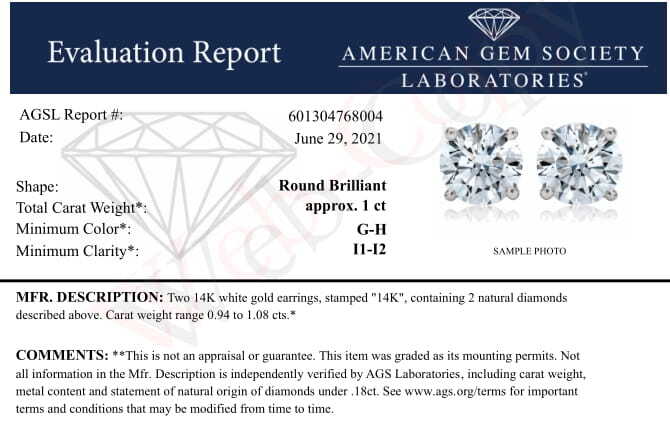 AGS Certified 14K White Gold 1.0 cttw 4-Prong Set Brilliant Round-Cut Solitaire Diamond Push Back Stud Earrings (G-H Color, I1-I2 Clarity) Bids.com