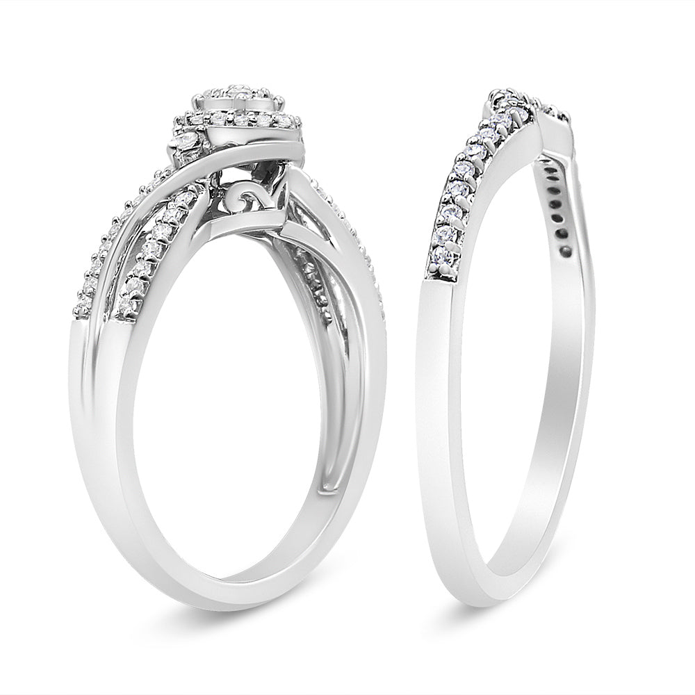 .925 Sterling Silver 1/3 Cttw Composite Diamond Frame Bypass Bridal Set Ring and Band (I-J Color, I2-I3 Clarity) - Ring Size 7 Bids.com