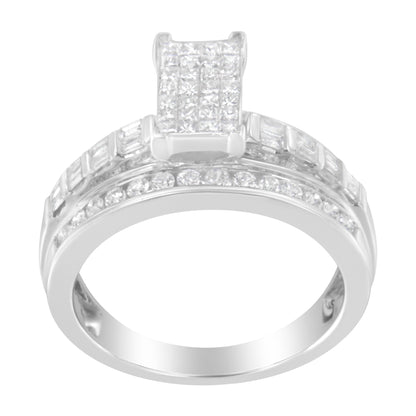 14K White Gold 1.0 Cttw Mixed-Cut Diamond Rectangle Invisible-Set Composite Cluster Ring with Bar- and Channel-Set Band (H-I Color, SI2-I1 Clarity) - Size 7 Bids.com