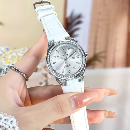 Women's Crystal Bezel White Leather Strap Watch Quartz Date BandsCo Straps