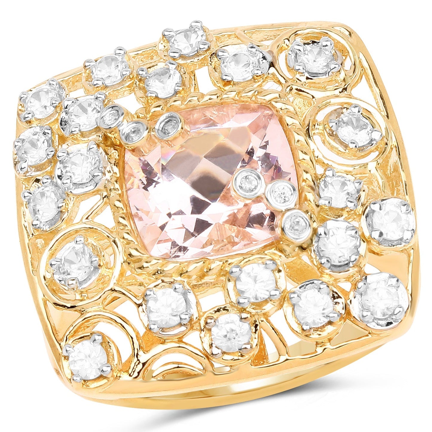 14K Yellow Gold Plated 3.33 Carat Synthartic Morganite and White Topaz .925 Sterling Silver Ring Bids.com