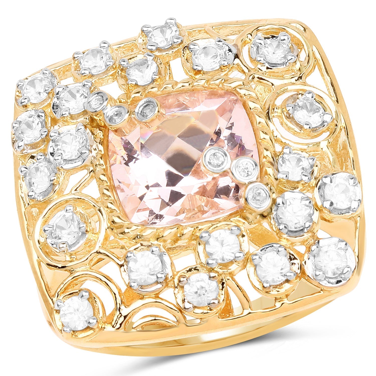 14K Yellow Gold Plated 3.33 Carat Synthartic Morganite and White Topaz .925 Sterling Silver Ring Bids.com