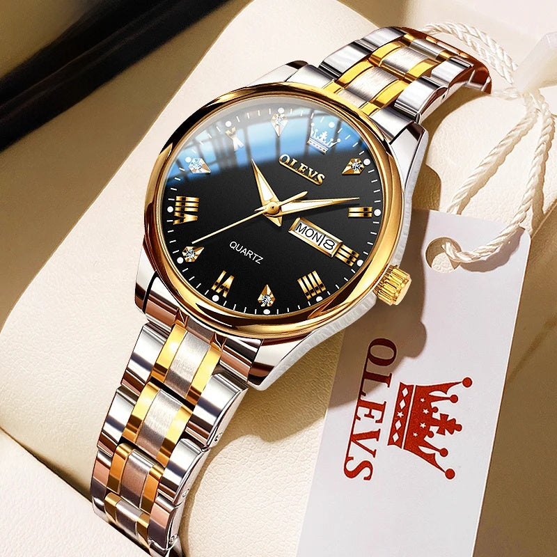 Women's Gold Stainless Steel Quartz Watch Dual Calendar BandsCo Straps
