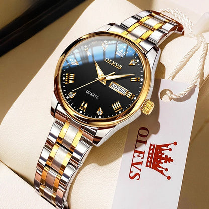 Women's Gold Stainless Steel Quartz Watch Dual Calendar BandsCo Straps