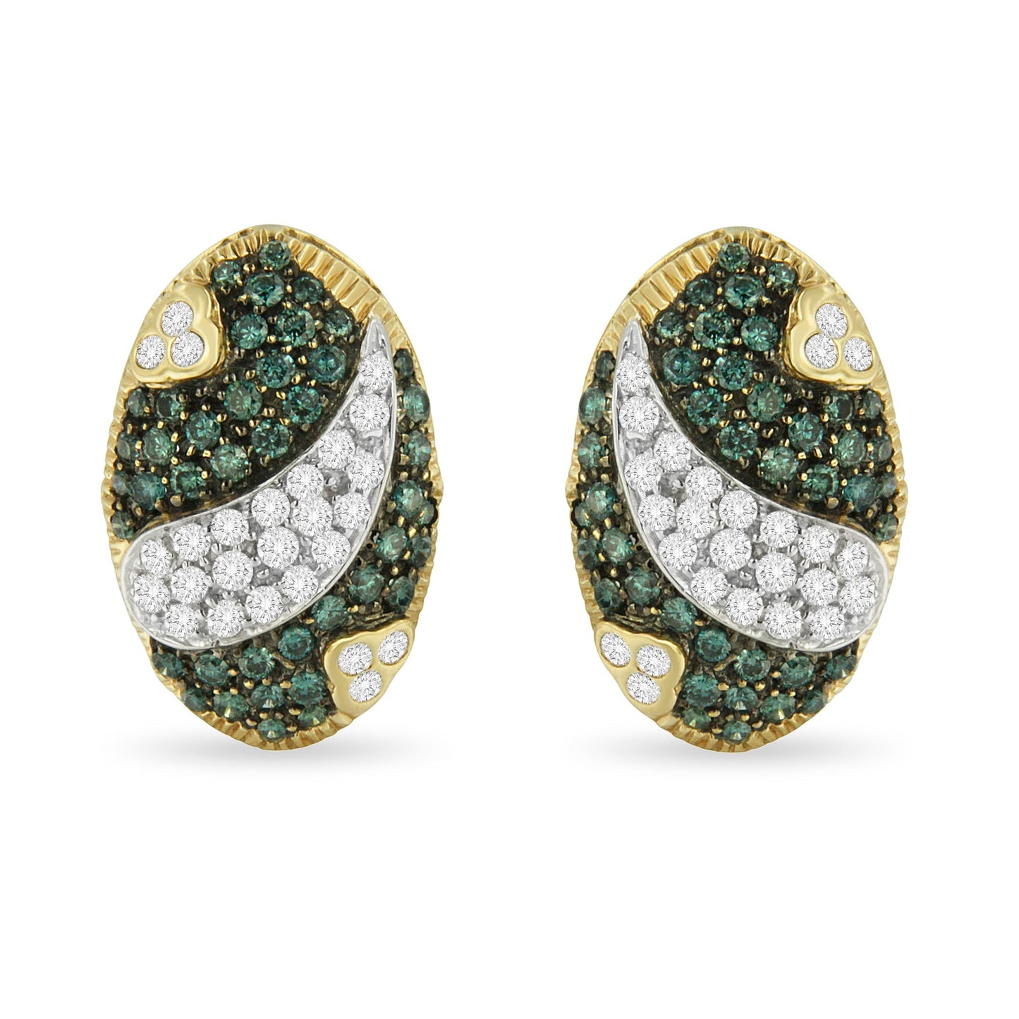 Black and White Rhodium over 14K Yellow Gold 2-1/10 Cttw White and Blue Diamond Oval Omega Back Stud Earrings (H-I and Blue Color, SI1-SI2 Clarity) Bids.com