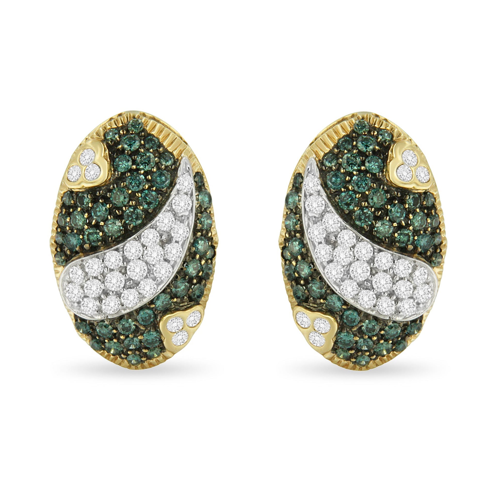 Black and White Rhodium over 14K Yellow Gold 2-1/10 Cttw White and Blue Diamond Oval Omega Back Stud Earrings (H-I and Blue Color, SI1-SI2 Clarity) Bids.com