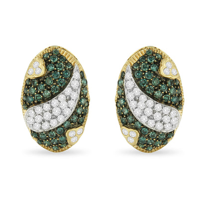 Black and White Rhodium over 14K Yellow Gold 2-1/10 Cttw White and Blue Diamond Oval Omega Back Stud Earrings (H-I and Blue Color, SI1-SI2 Clarity) Bids.com