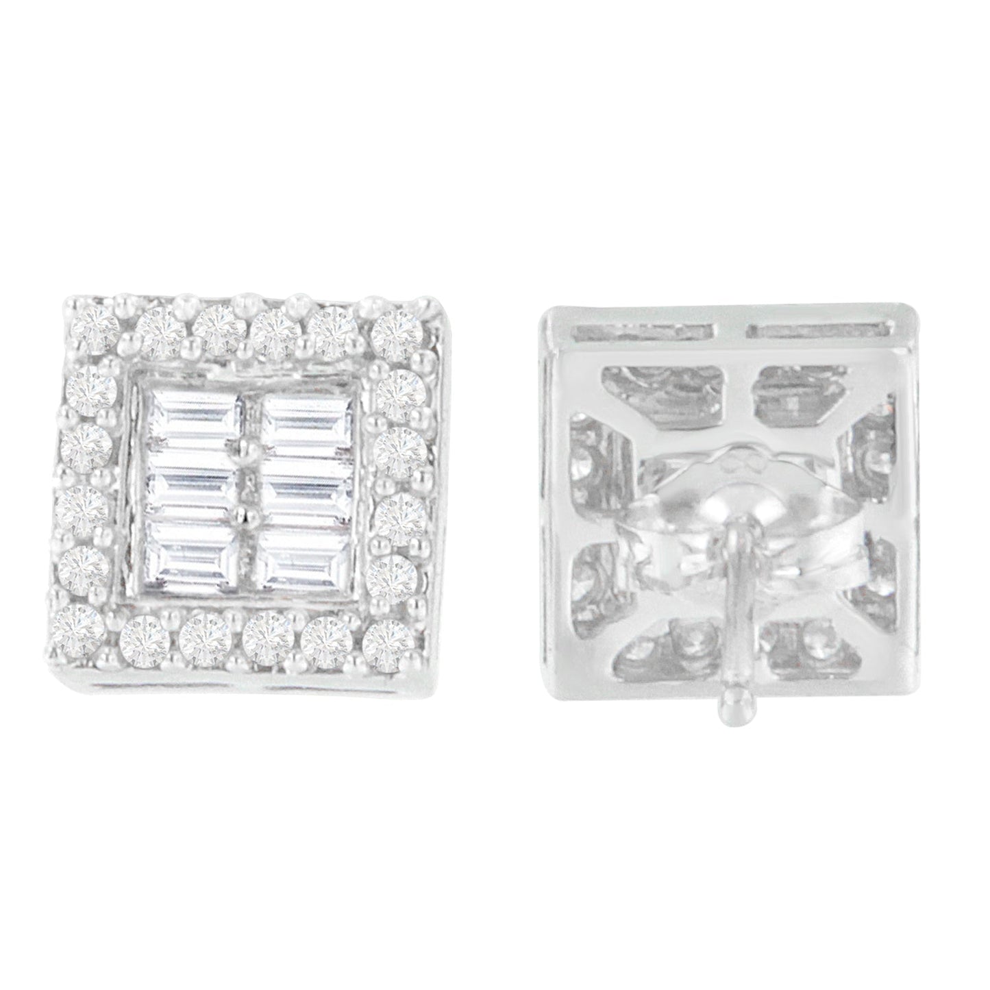 14K White Gold 1 cttw Round and Baguette Diamond Stud Earrings (H-I, SI1-SI2) Bids.com