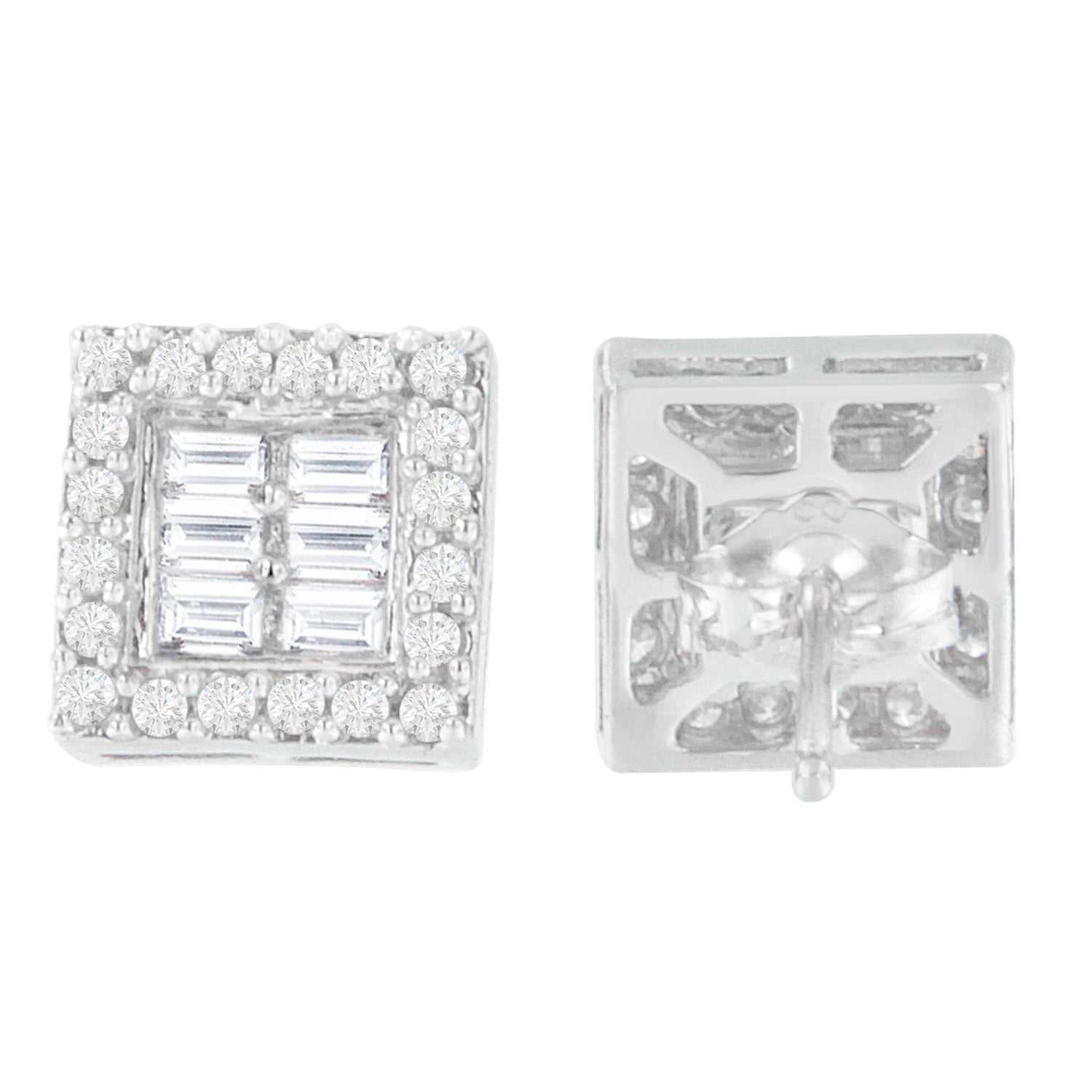 14K White Gold 1 cttw Round and Baguette Diamond Stud Earrings (H-I, SI1-SI2) Bids.com